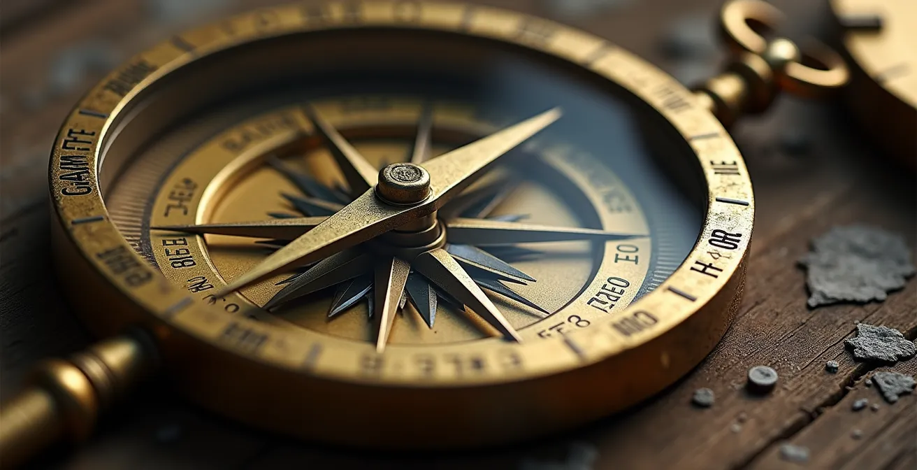 Boussole dorée posée sur surface texturée indiquant une nouvelle direction