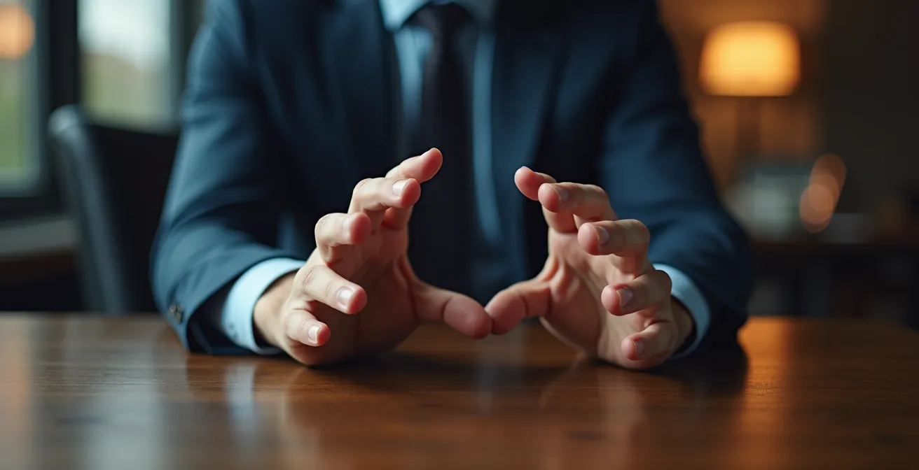 Mains protégeant symboliquement des éléments confidentiels dans un environnement professionnel