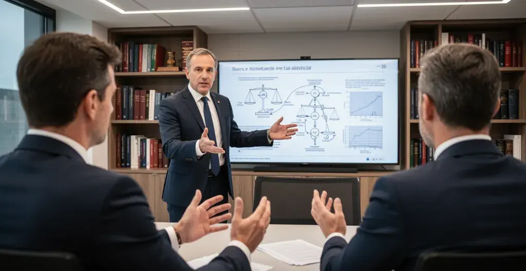 Avocat spécialisé en procédures collectives expliquant les options à un dirigeant d'entreprise