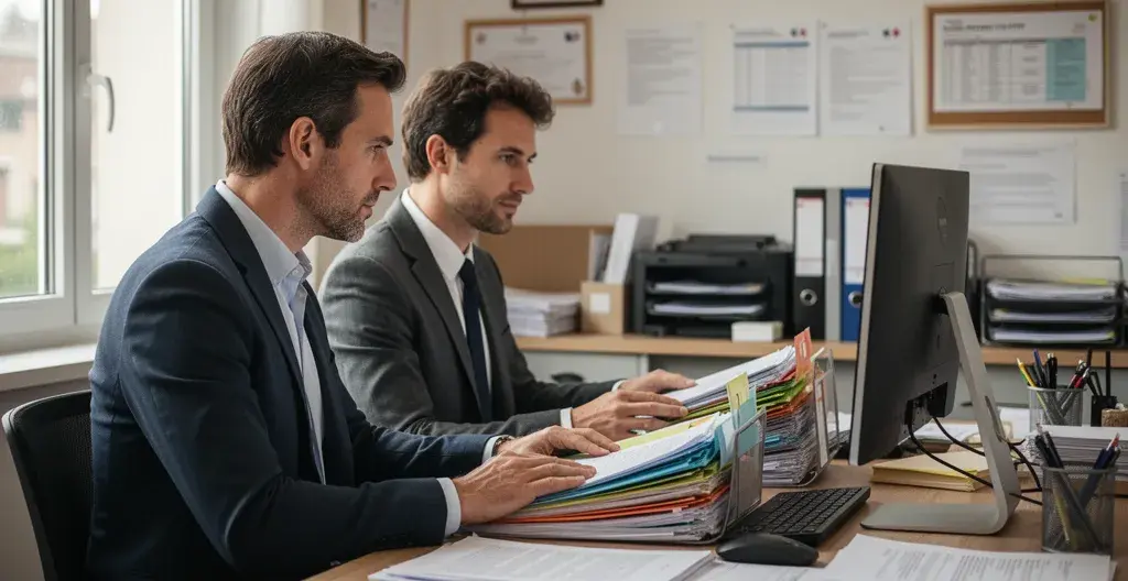 Dirigeant préparant les documents comptables avec son expert-comptable avant consultation avocat